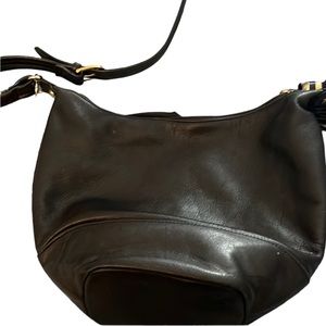 Tignanello black leather bag adjustable crossbody strap leather tassel 2 section